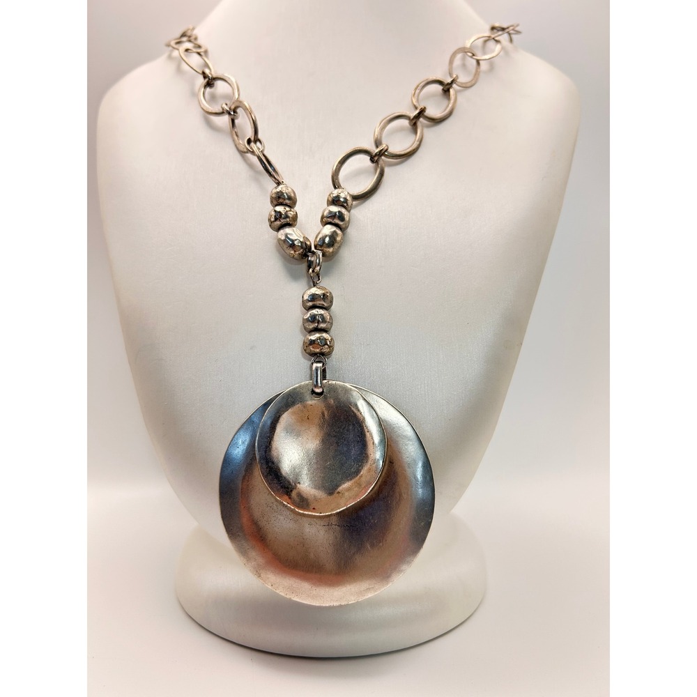 Chicos Pendant Necklace Womens OS Silver Good Hammered Double Disc Statement